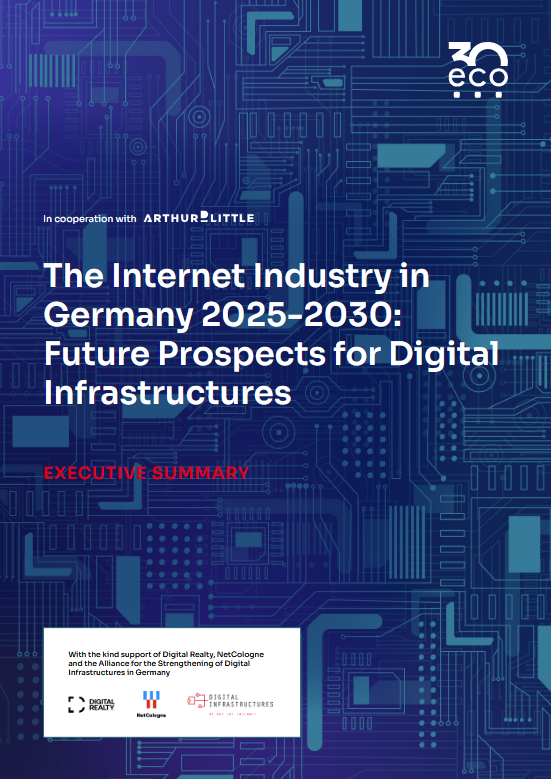 Study: The Internet Industry in Germany 2025-2030 7 Cover image of the eco and Arthur D. Little study titled 'The Internet Industry 2025–2030', featuring a blue digital wave design symbolizing growth and innovation.