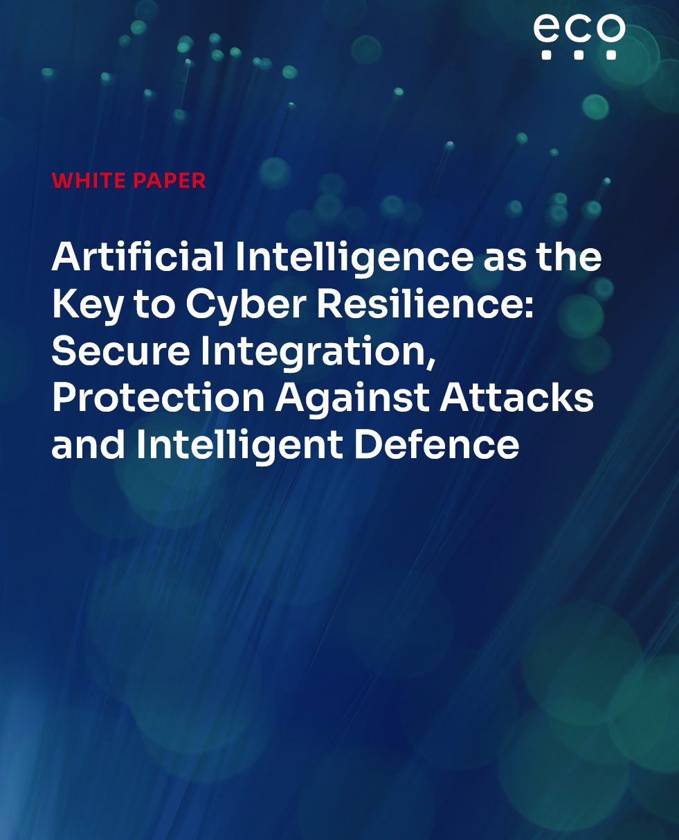Cover image of an eco white paper titled “Artificial Intelligence as the Key to Cyber Resilience”, featuring abstract blue digital light trails and network-like elements on a dark blue background.