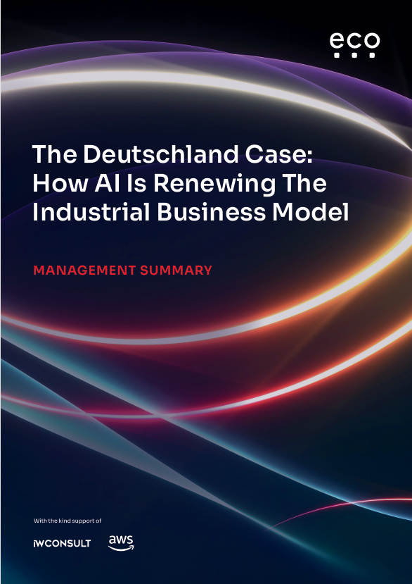 Cover of the report “The Deutschland Case: How AI Is Renewing the Industrial Business Model”. The design features abstract flowing light trails in white, purple, blue, and red on a dark background. The eco logo appears in the upper-right corner, and the subtitle “Management Summary” is shown in red text.